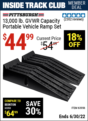 Buy the PITTSBURGH AUTOMOTIVE 13000 Lb. Portable Vehicle Ramp Set (Item 63956) for $44.99, valid through 6/30/2022.