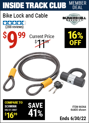 Buy the BUNKER HILL SECURITY Bike Lock And Cable (Item 64400/66364) for $9.99, valid through 6/30/2022.