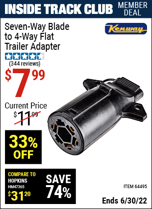Buy the KENWAY Seven-Way Blade to 4-Way Flat Trailer Adapter (Item 64495) for $7.99, valid through 6/30/2022.