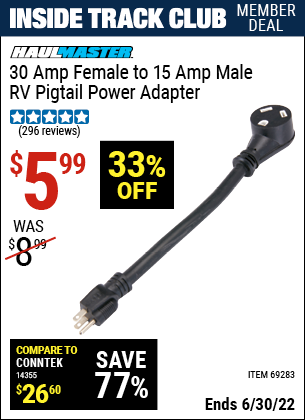 Buy the HAUL-MASTER 30 Amp Female to 15 Amp Male RV Pigtail Power Adapter (Item 69283) for $5.99, valid through 6/30/2022.