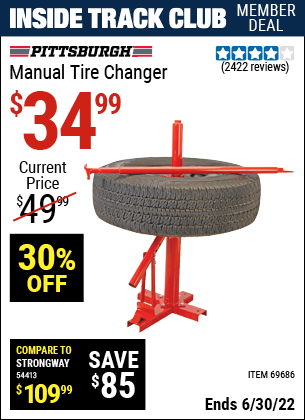 Buy the PITTSBURGH AUTOMOTIVE Manual Tire Changer (Item 69686/62317) for $34.99, valid through 6/30/2022.