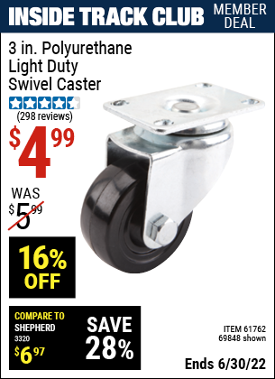 Buy the 3 in. Polyurethane Light Duty Swivel Caster (Item 69848/61762) for $4.99, valid through 6/30/2022.