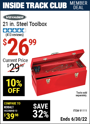 Buy the VOYAGER 21 In Steel Toolbox (Item 91111) for $26.99, valid through 6/30/2022.