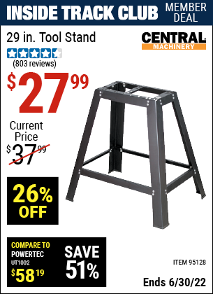 Buy the CENTRAL MACHINERY 29 In. Heavy Duty Tool Stand (Item 95128) for $27.99, valid through 6/30/2022.