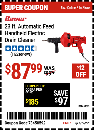 Buy the BAUER 23 Ft. Auto-Feed Handheld Electric Drain Cleaner (Item 64063) for $87.99, valid through 5/22/2022.