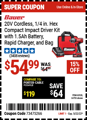 Buy the BAUER 20V Hypermax Lithium 1/4 In. Hex Compact Impact Driver Kit (Item 63528/63528) for $54.99, valid through 5/22/2022.