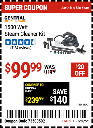 Buy the CENTRAL MACHINERY 1500 Watt Steam Cleaner Kit (Item 63042) for $99.99, valid through 5/22/2022.