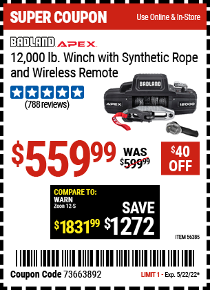 Buy the BADLAND APEX Synthetic 12000 Lb. Wireless Winch (Item 56385) for $559.99, valid through 5/22/2022.