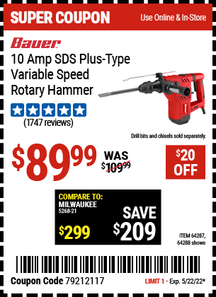 Buy the BAUER 1-1/8 in. SDS Variable Speed Pro Rotary Hammer Kit (Item 64288/64287) for $89.99, valid through 5/22/2022.
