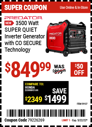 3500 Watt SUPER QUIET Inverter Generator with CO SECURE Technology for $849.99