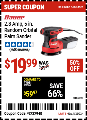 Buy the BAUER 2.8 Amp 5 in. Random Orbital Palm Sander (Item 63999) for $19.99, valid through 5/22/2022.