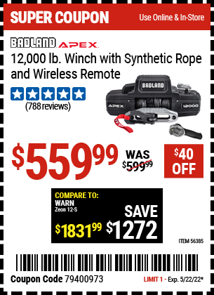 12,000 Lb. Winch With Synthetic Rope And Wireless Remote
