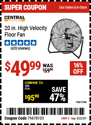 20 In. High Velocity Floor Fan