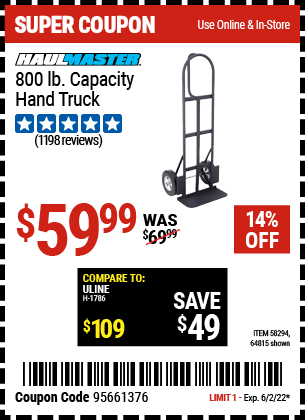 Buy the FRANKLIN 800 lb. Capacity Hand Truck (Item 58294/64815) for $59.99, valid through 6/2/2022.