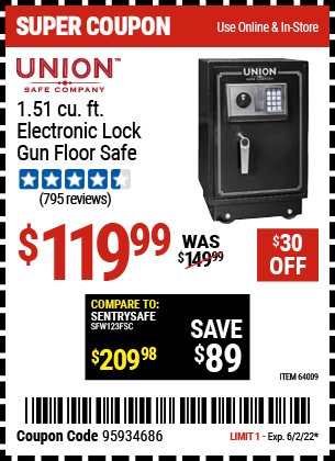 Buy the UNION SAFE COMPANY 1.51 cu. ft. Electronic Lock Gun Floor Safe (Item 64009) for $119.99, valid through 6/2/2022.