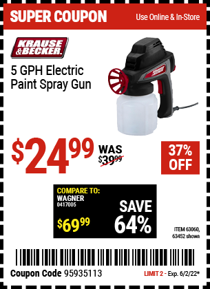 Buy the KRAUSE & BECKER 5 GPH Electric Paint Spray Gun (Item 63452/63060) for $24.99, valid through 6/2/2022.