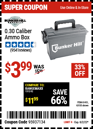 Buy the BUNKER HILL SECURITY Ammo Dry Box (Item 63135/61451) for $3.99, valid through 6/2/2022.