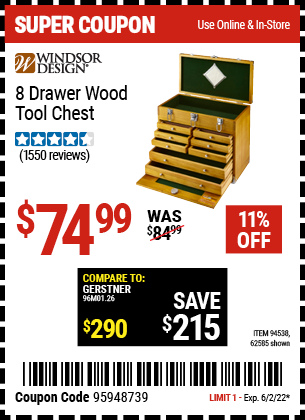 Buy the WINDSOR DESIGN 8 Drawer Wood Tool Chest (Item 94538/94538) for $74.99, valid through 6/2/2022.