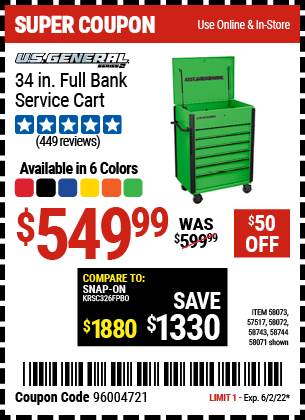 Buy the U.S. GENERAL 34 in. Full Bank Service Cart – Black (Item 57517/58071/58072/58073/58743/58744) for $549.99, valid through 6/2/2022.