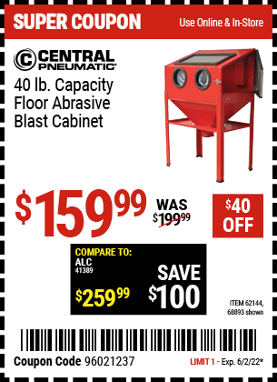 Buy the CENTRAL PNEUMATIC 40 Lb. Capacity Floor Blast Cabinet (Item 68893/62144) for $159.99, valid through 6/2/2022.