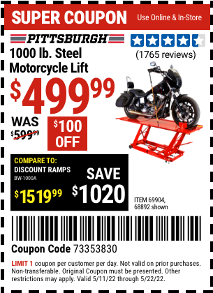 Buy the PITTSBURGH 1000 lb. Steel Motorcycle Lift (Item 68892/69904) for $499.99, valid through 5/22/2022.