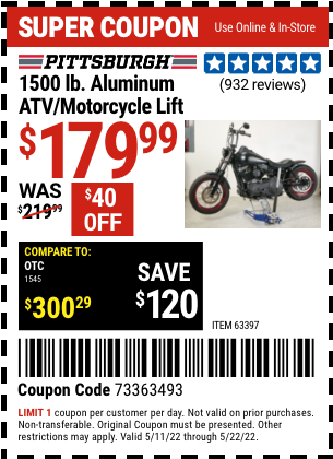 Buy the PITTSBURGH AUTOMOTIVE 1500 lb. Capacity ATV / Motorcycle Lift (Item 63397) for $179.99, valid through 5/22/2022.