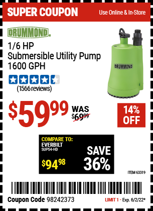 1/6 HP Submersible Utility Pump 1600 GPH