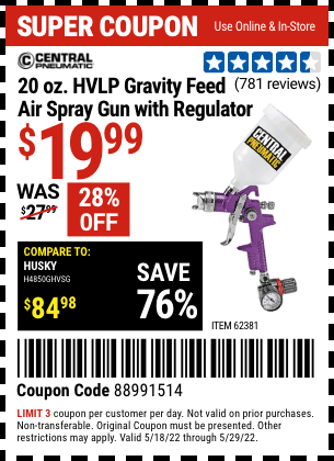 Buy the CENTRAL PNEUMATIC 20 oz. HVLP Gravity Feed Air Spray Gun with Regulator (Item 62381) for $19.99, valid through 5/29/2022.