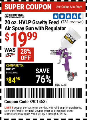 Buy the CENTRAL PNEUMATIC 20 oz. HVLP Gravity Feed Air Spray Gun with Regulator (Item 62381) for $19.99, valid through 5/29/2022.