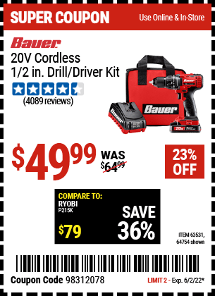 Buy the BAUER 20V Hypermax Lithium 1/2 In. Drill/Driver Kit (Item 63531/63531) for $49.99, valid through 6/2/2022.