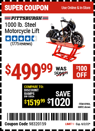 Buy the PITTSBURGH 1000 lb. Steel Motorcycle Lift (Item 68892/69904) for $499.99, valid through 6/2/2022.