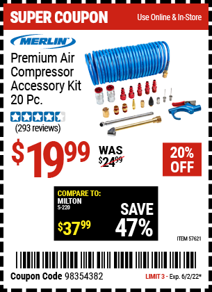 Buy the MERLIN Premium Air Compressor Accessory Kit, 20 Pc. (Item 57621) for $19.99, valid through 6/2/2022.