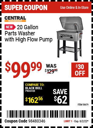 Buy the CENTRAL MACHINERY 20 gallon Parts Washer with High Flow Pump (Item 58679) for $99.99, valid through 6/2/2022.
