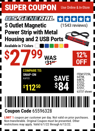 Buy the U.S. GENERAL 5 Outlet Magnetic Power Strip with Metal Housing and 2 USB Ports – Orange (Item 57250/57251/57252/57256/63737/64798/64876) for $27.99, valid through 6/12/2022.