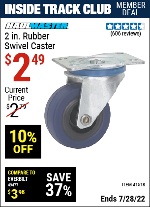 Inside Track Club members can buy the CENTRAL MACHINERY 2 in. Rubber Light Duty Swivel Caster (Item 41518) for $2.49, valid through 7/28/2022.