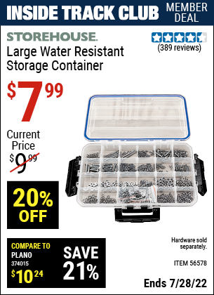 Inside Track Club members can buy the STOREHOUSE Large Organizer IP55 Rated (Item 56578) for $7.99, valid through 7/28/2022.