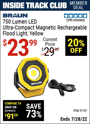 Inside Track Club members can buy the BRAUN Ultra-Compact 750 Lumen Rechargeable Magnetic Floodlight (Item 57187) for $23.99, valid through 7/28/2022.