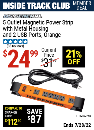 Inside Track Club members can buy the U.S. GENERAL 5 Outlet Magnetic Power Strip with Metal Housing and 2 USB Ports – Orange (Item 57250) for $24.99, valid through 7/28/2022.