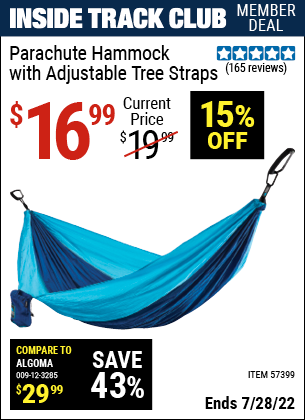 Inside Track Club members can buy the Parachute Hammock With Adjustable Tree Straps (Item 57399) for $16.99, valid through 7/28/2022.