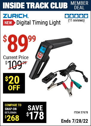 Inside Track Club members can buy the ZURICH Digital Timing Light (Item 57678) for $89.99, valid through 7/28/2022.