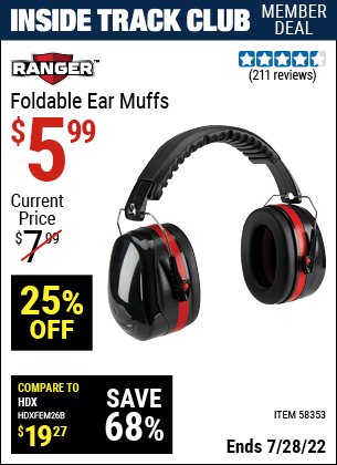 Inside Track Club members can buy the RANGER Foldable Ear Muffs (Item 58353) for $5.99, valid through 7/28/2022.