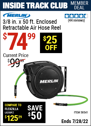 Inside Track Club members can buy the MERLIN 3/8 in. x 50 ft. Enclosed Retractable Air Hose Reel (Item 58541) for $74.99, valid through 7/28/2022.