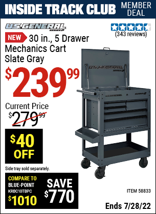 Inside Track Club members can buy the U.S. GENERAL 30 in. 5 Drawer Mechanic’s Cart – Slate Gray (Item 58833) for $239.99, valid through 7/28/2022.