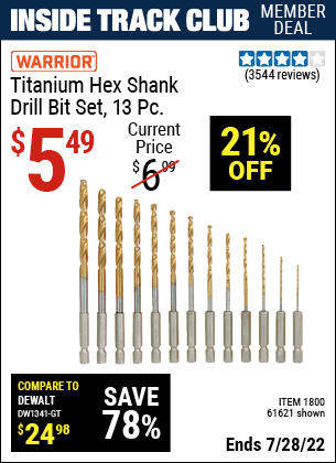 Inside Track Club members can buy the WARRIOR Titanium High Speed Steel Drill Bit Set 13 Pc. (Item 61621/1800) for $5.49, valid through 7/28/2022.