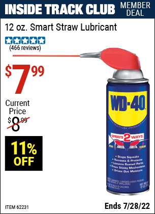 Inside Track Club members can buy the 12 Oz. WD-40 Smart Straw Lubricant (Item 62231) for $7.99, valid through 7/28/2022.