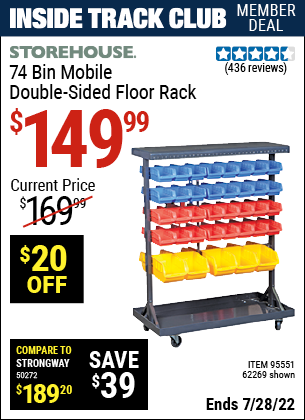 Inside Track Club members can buy the STOREHOUSE 74 Bin Mobile Double-Sided Floor Rack (Item 62269/95551) for $149.99, valid through 7/28/2022.