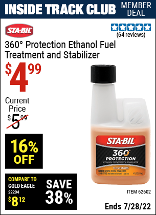 Inside Track Club members can buy the STA-BIL Sta-Bil Protection Ethanol Fuel Treatment & Stabilizer 4 fl. oz. (Item 62602) for $4.99, valid through 7/28/2022.