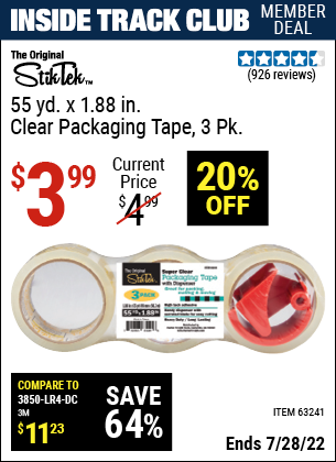 Inside Track Club members can buy the STIKTEK 1.88 in. x 55 Yards Clear Packaging Tape 3 Pk. (Item 63241) for $3.99, valid through 7/28/2022.