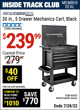 Inside Track Club members can buy the U.S. GENERAL 30 in. 5 Drawer Mechanic’s Cart – Black (Item 64030/64032/64033) for $239.99, valid through 7/28/2022.