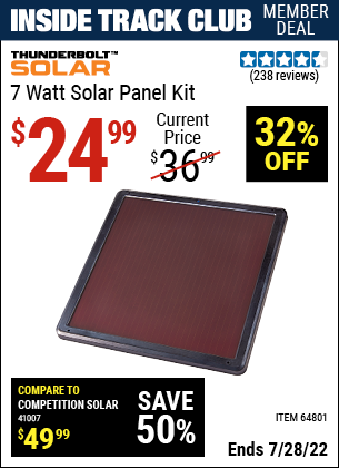 Inside Track Club members can buy the THUNDERBOLT 7 Watt Solar Panel Kit (Item 64801) for $24.99, valid through 7/28/2022.